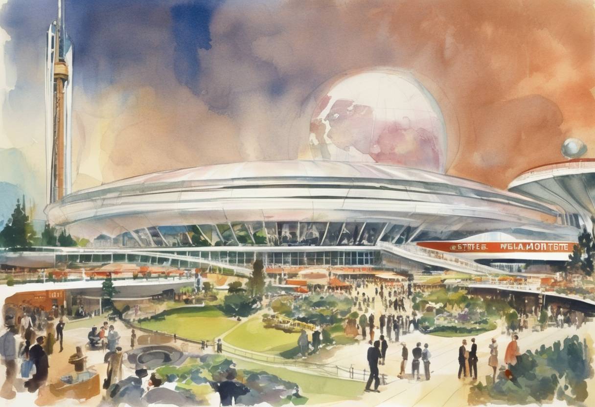 Watercolor painting based depiction of The Seattle World's Fair, also known as the Century 21 Exposition, opens in Seattle, Washington. (1962)
