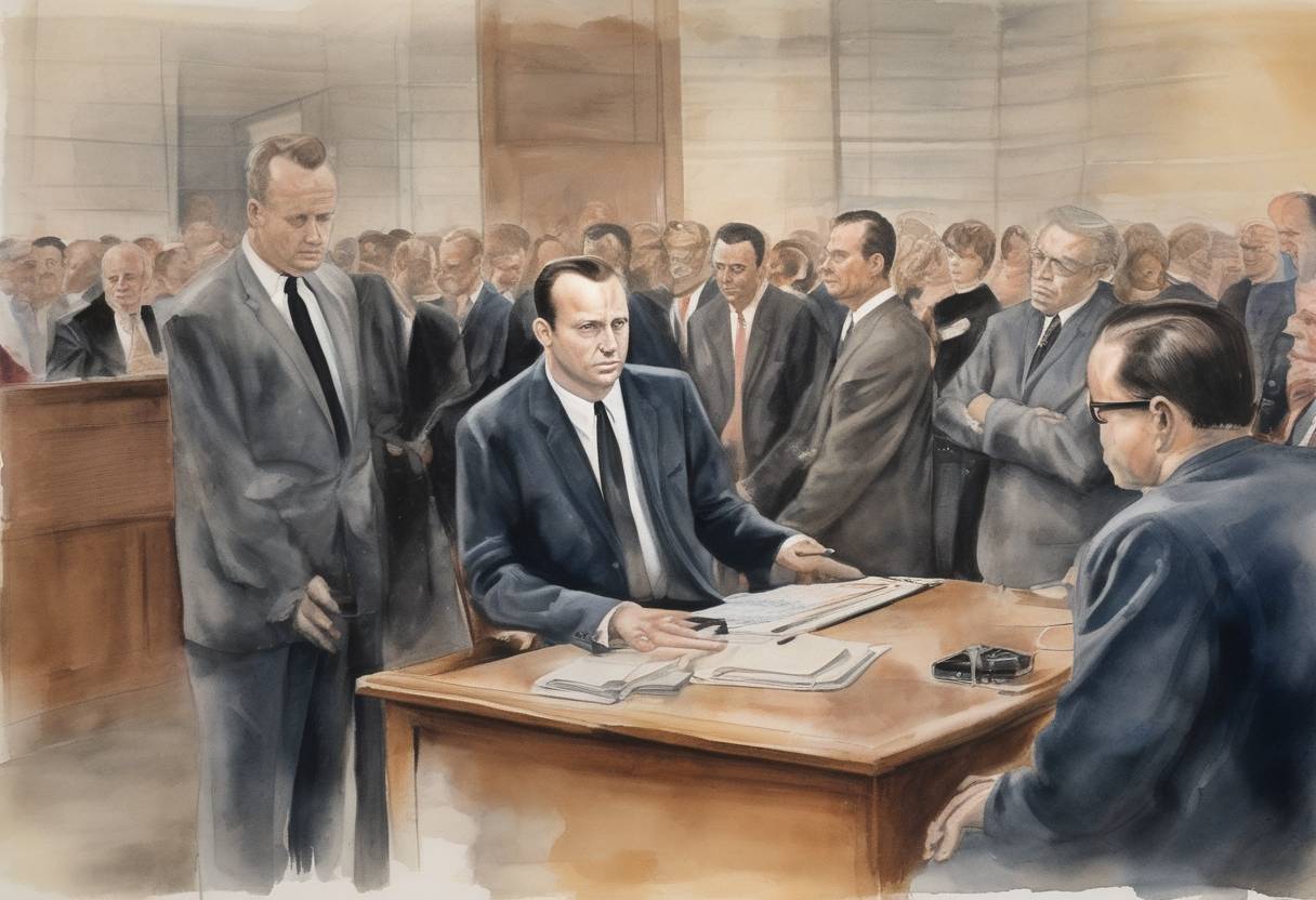 Watercolor painting based depiction of A jury in Dallas, Texas, finds Jack Ruby guilty of murdering Lee Harvey Oswald, the accused assassin of President John F. Kennedy. (1964)