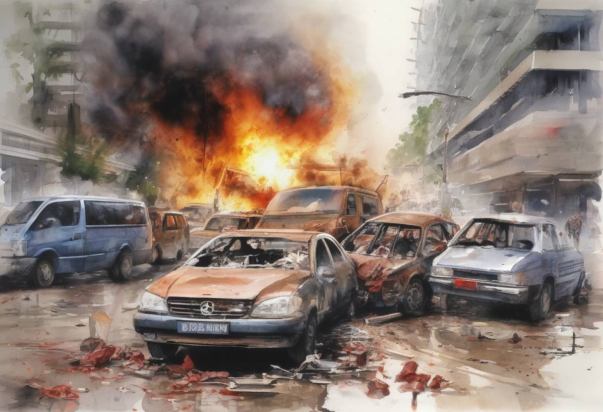 Watercolor painting based depiction of A car bomb exploded outside the Marriott Hotel in Jakarta, Indonesia, killing 12 people and injuring over 150. The attack was attributed to the militant Islamist group Jemaah Islamiyah. (2003)