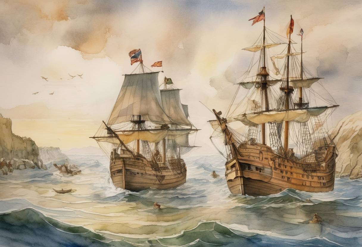 Watercolor painting based depiction of The Pilgrims set sail from Plymouth, England, on the Mayflower to settle in North America. (1620)
