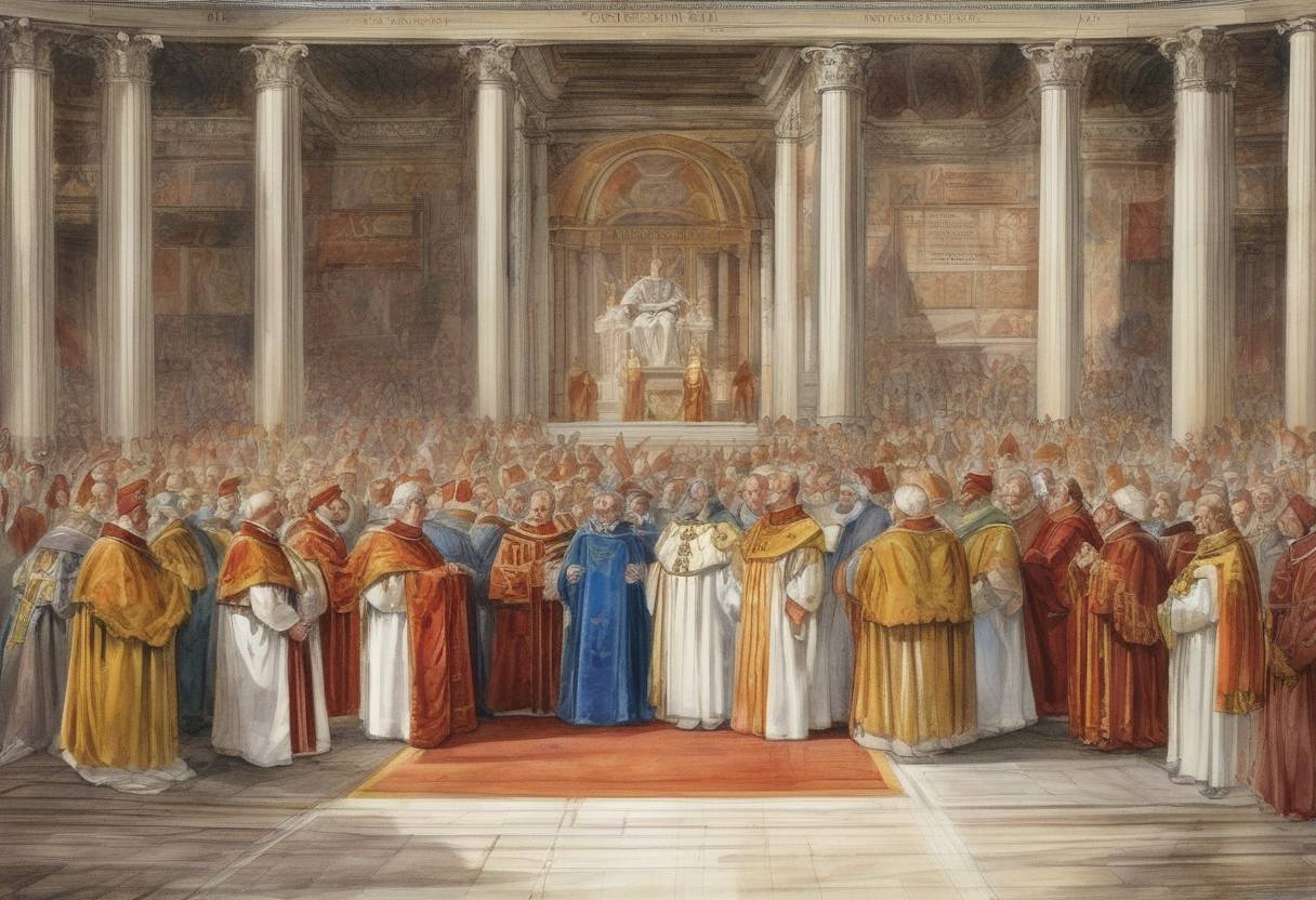 Watercolor painting based depiction of Pope Leo VIII is elected pope, succeeding John XII, who had been deposed by Emperor Otto I. (963)