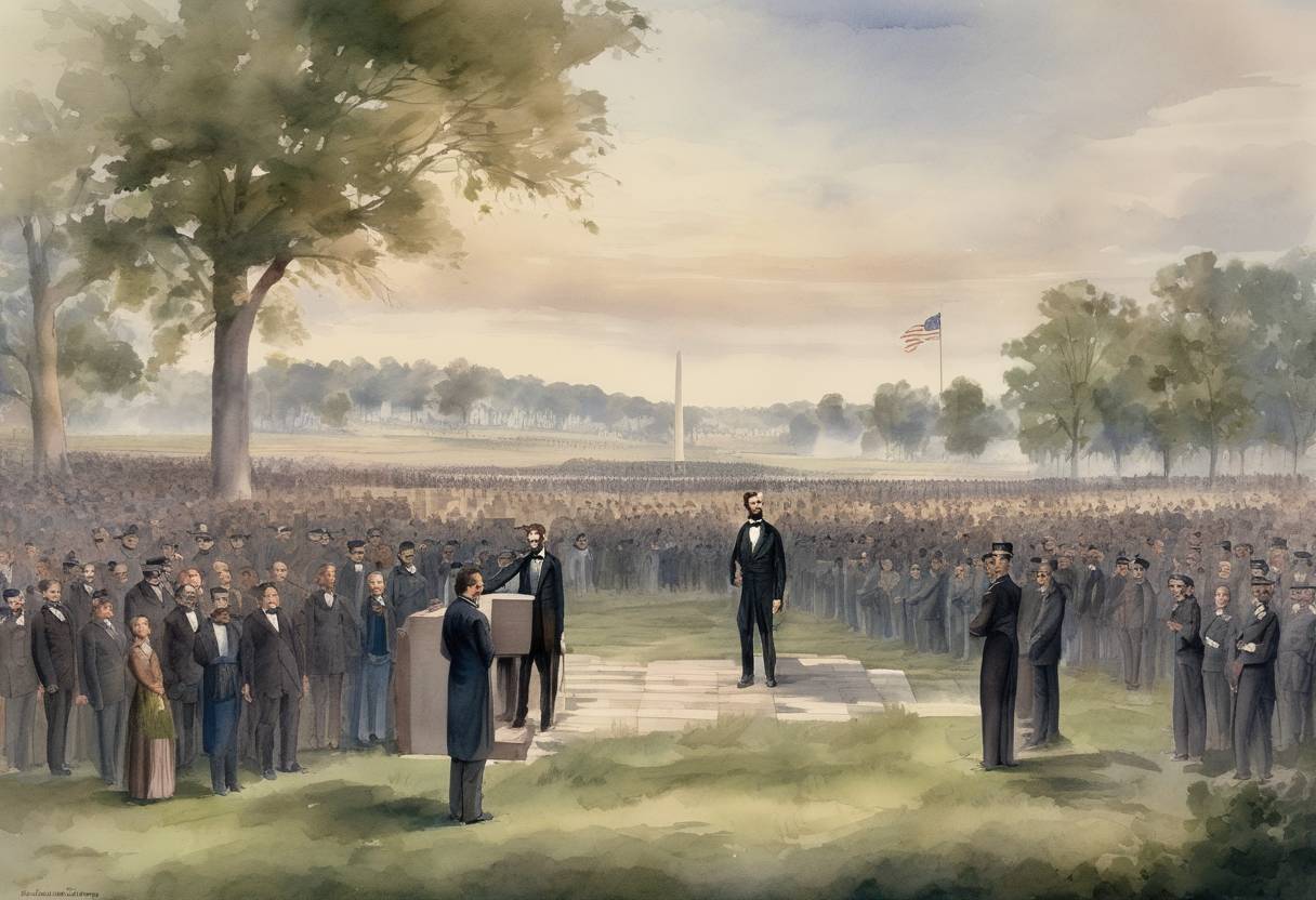 Watercolor painting based depiction of U.S. President Abraham Lincoln delivered the Gettysburg Address at the dedication of the Soldiers' National Cemetery in Gettysburg, Pennsylvania. (1863)