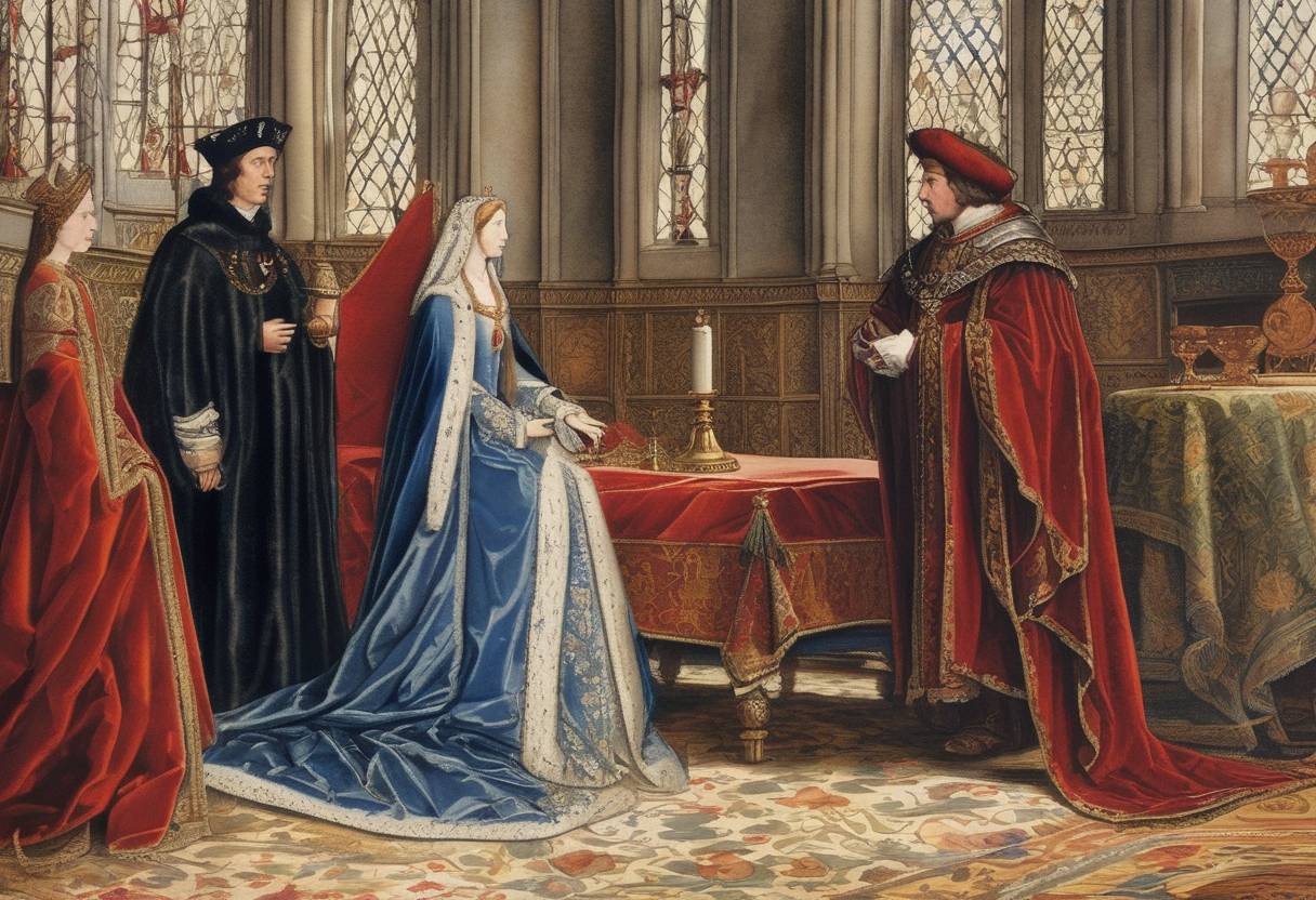 Watercolor painting based depiction of Catherine of Aragon married Arthur, Prince of Wales by proxy at the Wessex city of Winchester. This significant marriage aimed to strengthen political alliances between England and Spain. (1499)