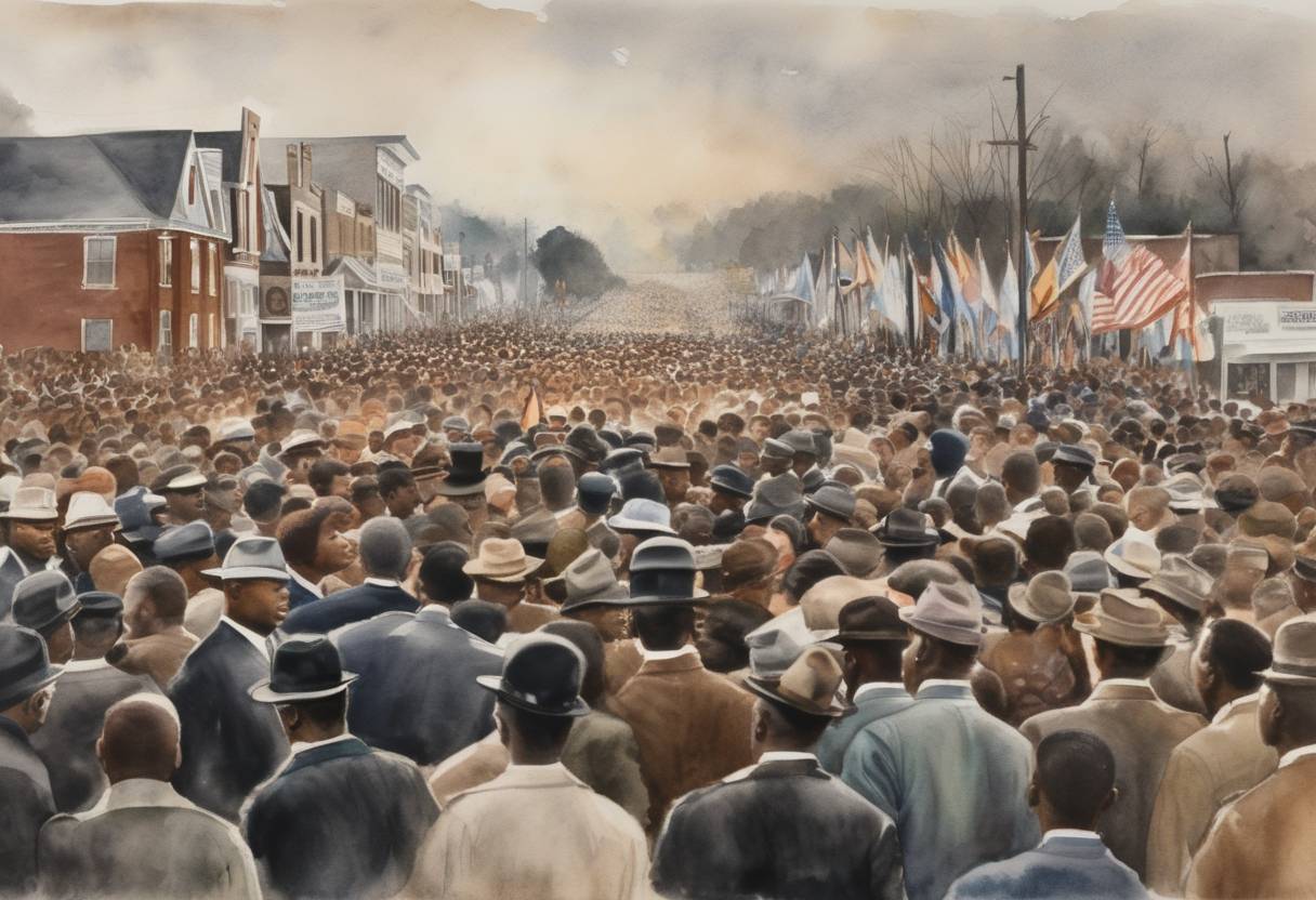 Watercolor painting based depiction of Martin Luther King Jr. led 3,200 people on the start of the third and finally successful civil rights march from Selma to Montgomery, Alabama. (1965)