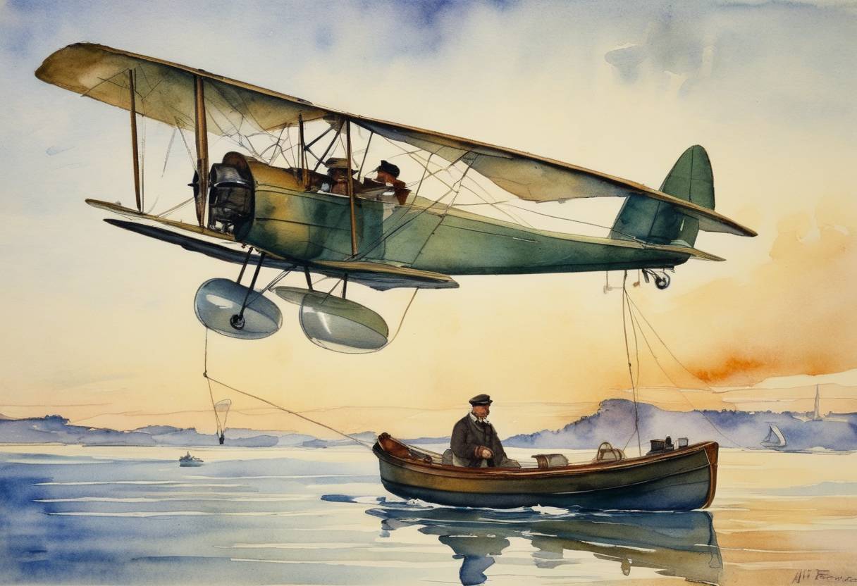 Watercolor painting based depiction of Henri Fabre becomes the first person to make a successful powered seaplane flight with his Fabre Hydravion. (1910)