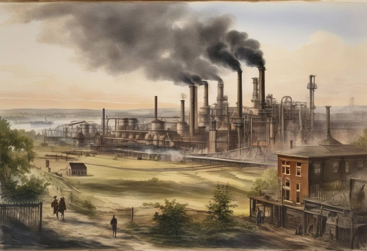 Watercolor painting based depiction of John D. Rockefeller incorporated the Standard Oil Company in Ohio, which would become the largest oil refinery firm in the world by the end of the 19th century. (1870)