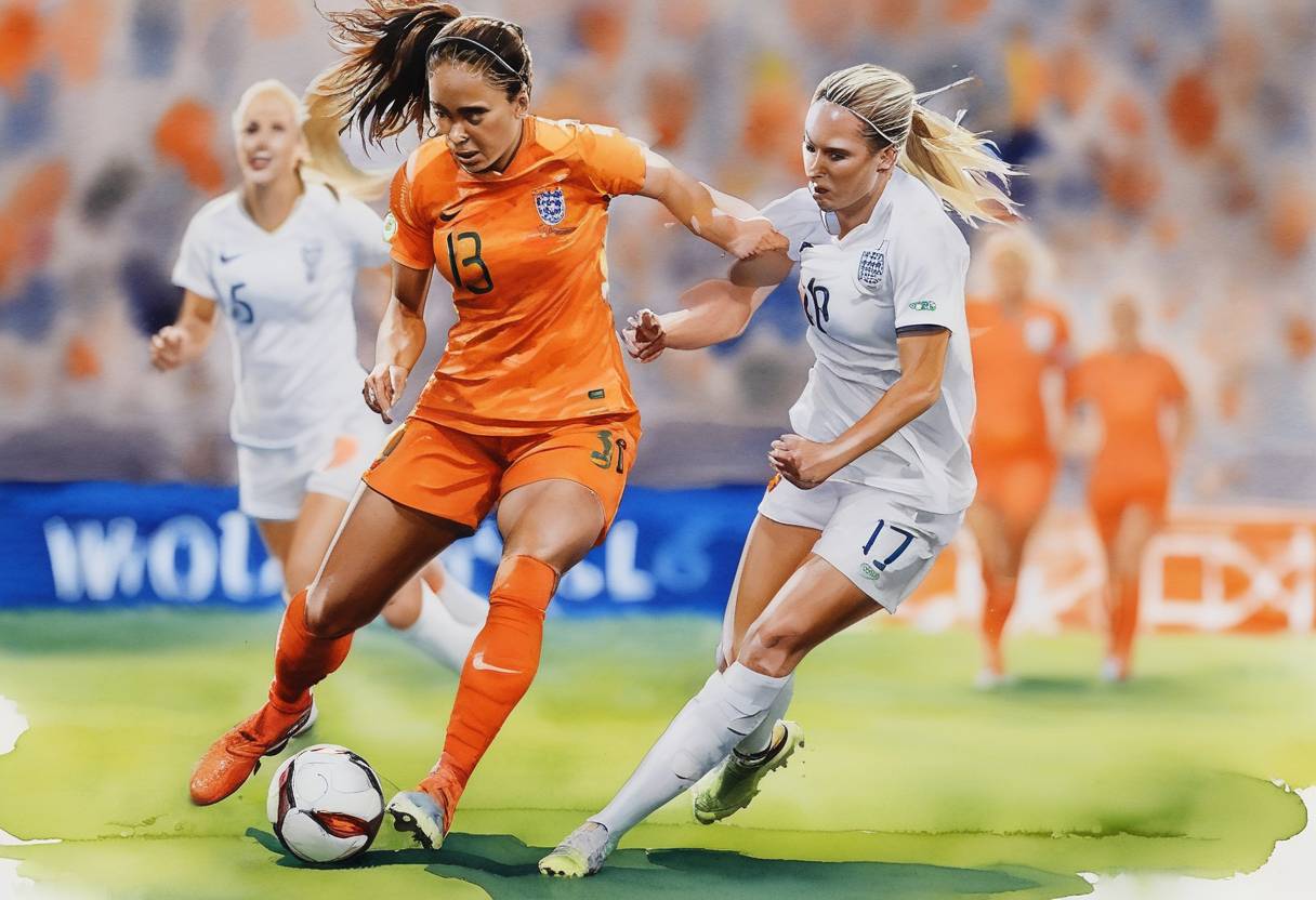 Watercolor painting based depiction of In a major development for women’s sports, the Netherlands defeated South Africa 2-0 in the knockout stage of the 2023 FIFA Women's World Cup held in Australia and New Zealand. (2023)