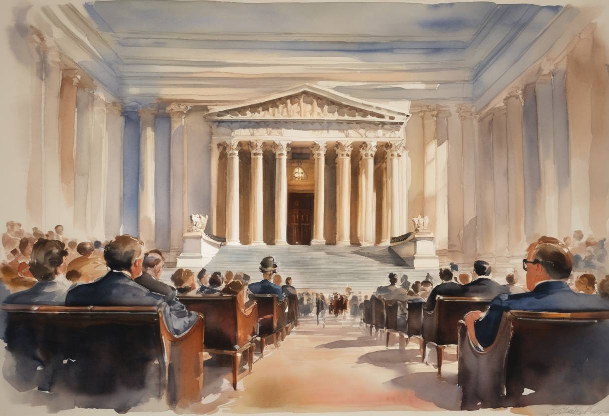 Watercolor painting based depiction of The United States Supreme Court issued its decision in the case of McGowan v. Maryland, upholding Sunday closing laws, which mandated the closing of certain businesses on Sundays by affirming the laws did not violate the Free Exercise Clause of the First Amendment. (1956)