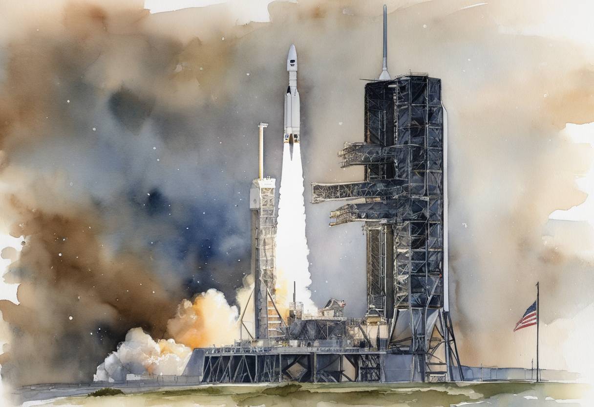 Watercolor painting based depiction of The United Launch Alliance (ULA) successfully launched a new classified National Reconnaissance Office (NRO) satellite on an Atlas V rocket from Cape Canaveral Space Force Station. (2022)