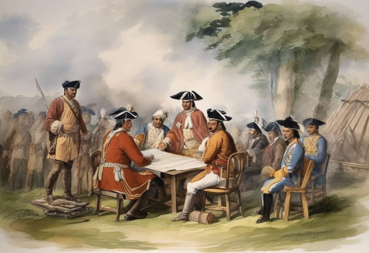 Watercolor painting based depiction of The Iroquois Confederacy signs the Treaty of Fort Stanwix with British colonists. (1765)