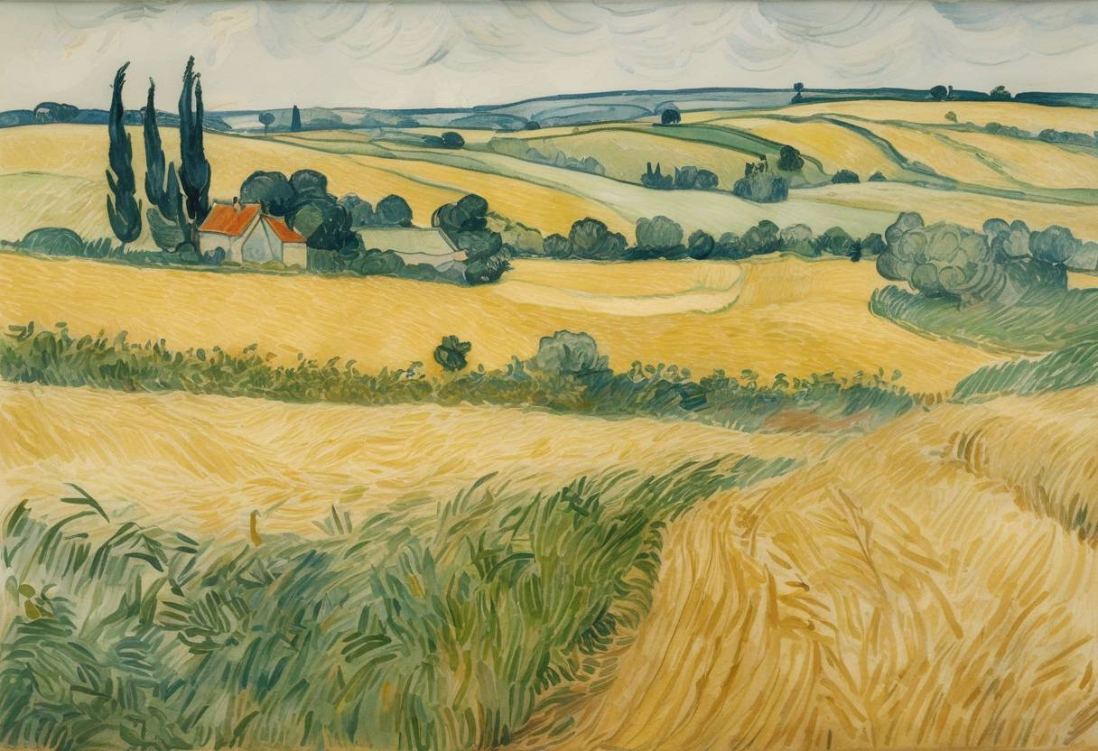 Watercolor painting based depiction of Vincent van Gogh shot himself in a wheat field in Auvers-sur-Oise, France, succumbing to his injuries two days later. This marked a tragic point in the life of the influential post-impressionist painter. (1890)