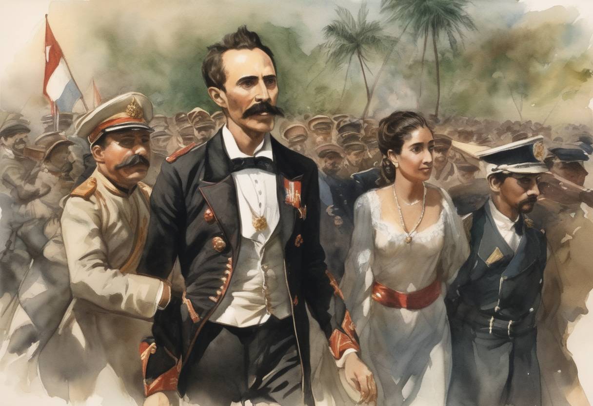 Watercolor painting based depiction of Revolutionary leader José Martí departed from Montecristi, Dominican Republic, to launch the Cuban War of Independence against Spanish colonial rule. (1895)