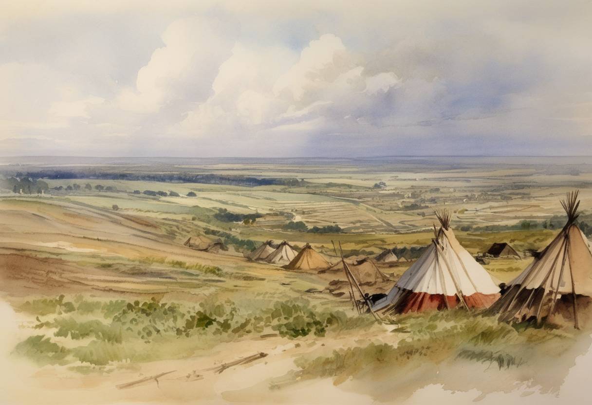 Watercolor painting based depiction of The Dawes Act, also known as the General Allotment Act, was enacted by the United States Congress. This act authorized the federal government to divide tribal lands into individual plots and aimed to assimilate Native Americans into American society by encouraging farming practices in line with Anglo-American culture. (1887)