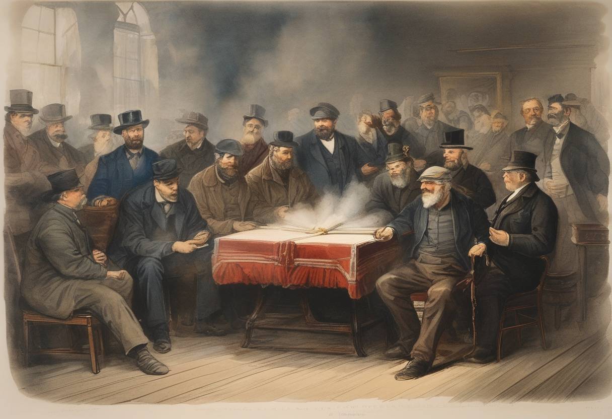 Watercolor painting based depiction of Trade unions in Canada achieve a breakthrough with the Trade Union Act, providing legal recognition to unions and acknowledging their right to collective bargaining. (1872)