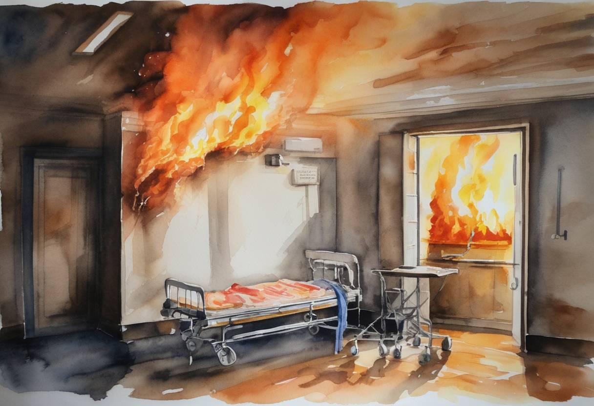 Watercolor painting based depiction of A fire broke out in a hospital COVID-19 ward in Tver, Russia, killing six patients. The fire was attributed to a short circuit in equipment used in the treatment of COVID-19 patients. (2022)