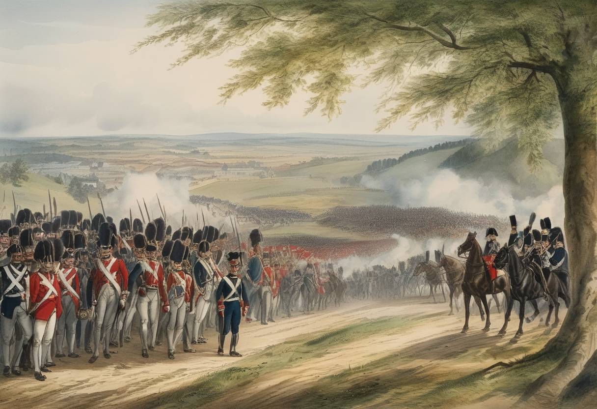 Watercolor painting based depiction of The Battle of Aspern-Essling, between Napoleon's forces and the Austrian army led by Archduke Charles, concluded with the Austrians successfully holding back the French advance. (1809)