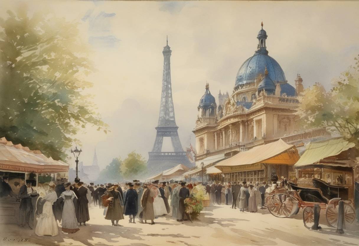 Watercolor painting based depiction of The Paris World Exhibition (Exposition Universelle) was opened to the public. (1900)