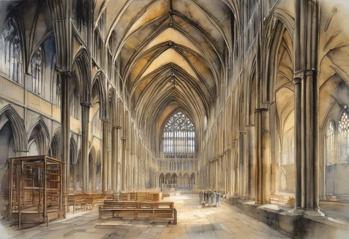 Watercolor painting based depiction of The construction of the New Minster in Winchester, England, began on April 6, 885, under the patronage of King Alfred the Great and his son, King Edward the Elder. It was later moved and transformed into Hyde Abbey in 1110. (885)