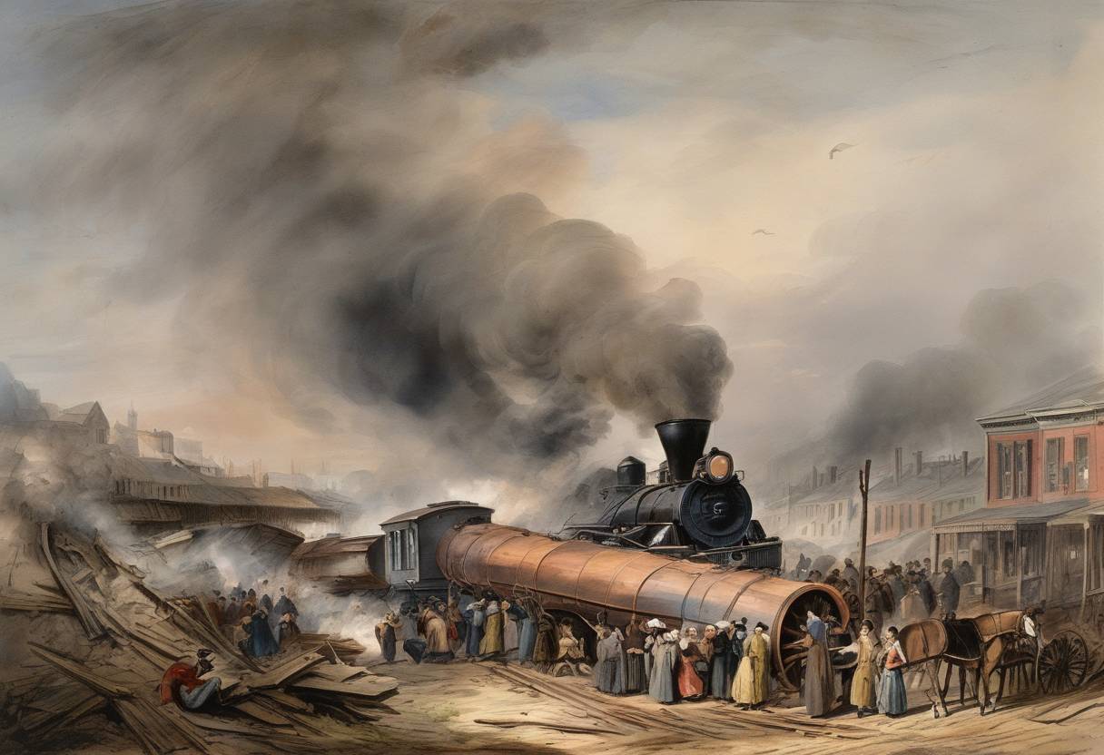 Watercolor painting based depiction of The Great Train Wreck of 1856 occurs near Philadelphia, Pennsylvania, when two trains collide, resulting in significant loss of life. (1856)