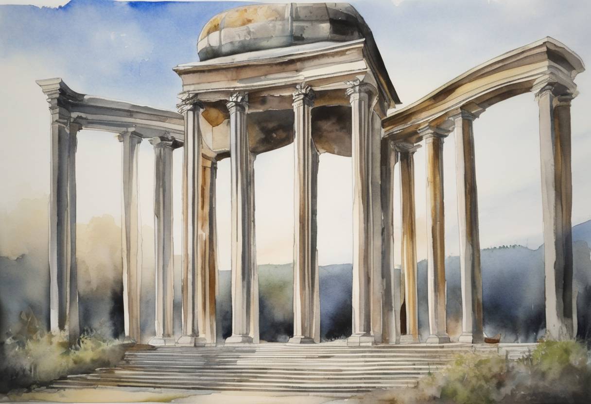 Watercolor painting based depiction of The Shusha Memorial in Russia was opened on the tenth anniversary of the end of fighting in the Shusha district of Nagorno-Karabakh. (2010)