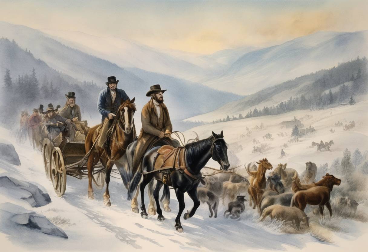Watercolor painting based depiction of The Donner Party, a group of American pioneers, left Springfield, Illinois, heading for California but eventually became trapped in the Sierra Nevada mountains and suffered from extreme hardship during the winter of 1846-1847. (1846)