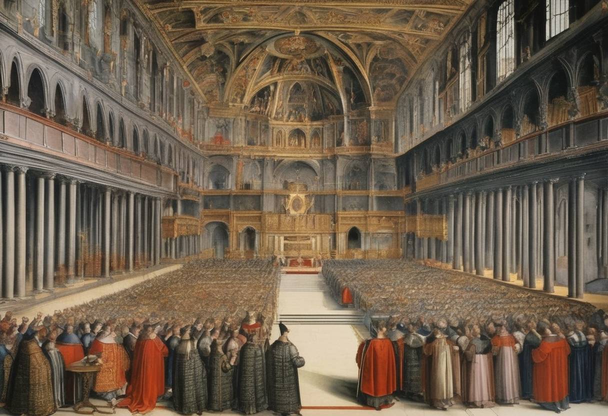 Watercolor painting based depiction of The Council of Trent was held which marked a major Counter-Reformation effort by the Catholic Church. (1564)