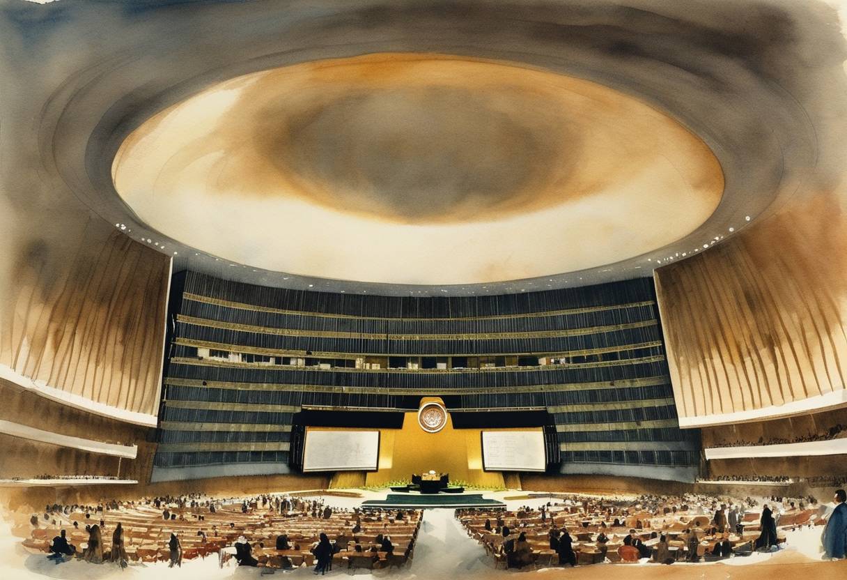Watercolor painting based depiction of The United Nations General Assembly adopts the International Convention on the Elimination of All Forms of Racial Discrimination. (1965)