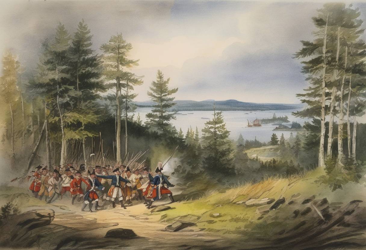 Watercolor painting based depiction of Dummer's War, also known as Father Rale's War, begins in the North American colonies between New England and the Wabanaki Confederacy. (1722)