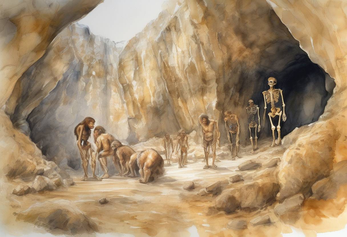 Watercolor painting based depiction of Two skeletal remains of Neanderthals were discovered in a cave in the El Sidrón site in Spain, providing significant insights into the Neanderthal genome and their lifestyle. (2008)