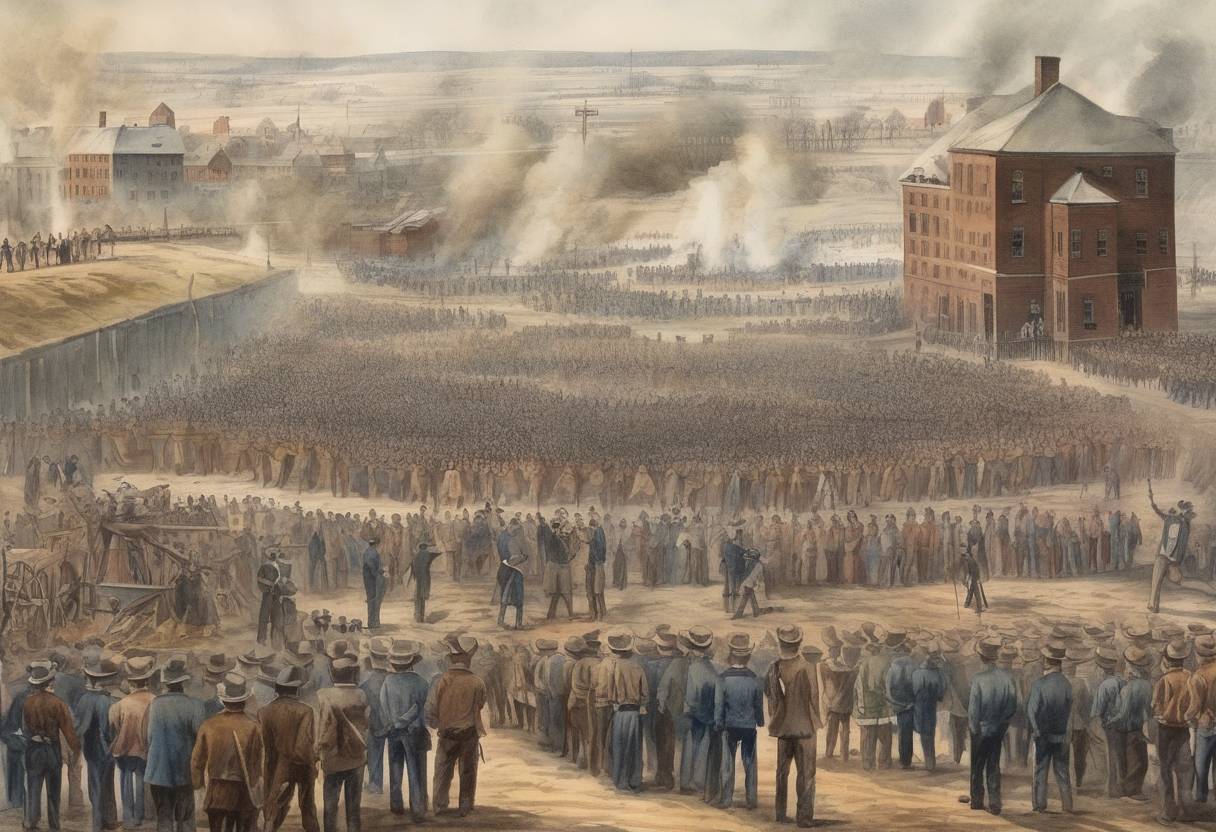 Watercolor painting based depiction of The largest mass execution in U.S. history took place when 38 Dakota men were hanged in Mankato, Minnesota, following the Dakota War of 1862. (1862)