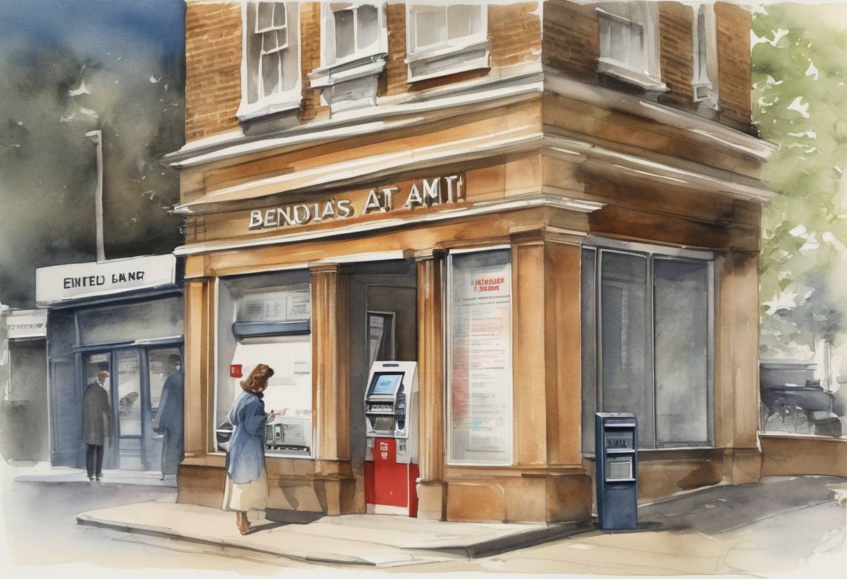Watercolor painting based depiction of The world's first ATM was installed in Enfield, London, by Barclays Bank, revolutionizing banking by allowing customers to withdraw cash without the need for a teller. (1967)