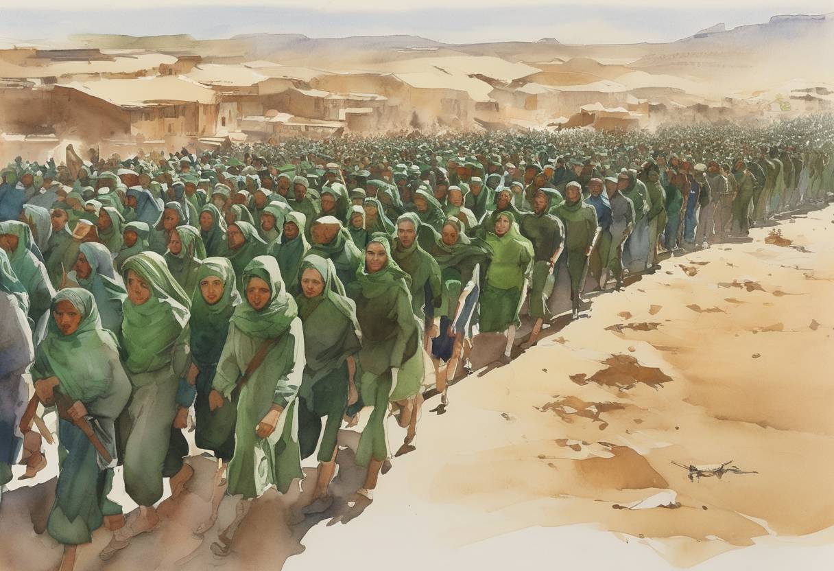 Watercolor painting based depiction of The Green March began as 350,000 unarmed Moroccans marched into the disputed territory of Western Sahara to claim it from Spanish control. (1975)