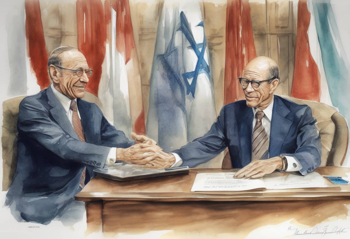 Watercolor painting based depiction of The Camp David Accords were signed by Egyptian President Anwar Sadat and Israeli Prime Minister Menachem Begin, brokered by U.S. President Jimmy Carter. (1978)