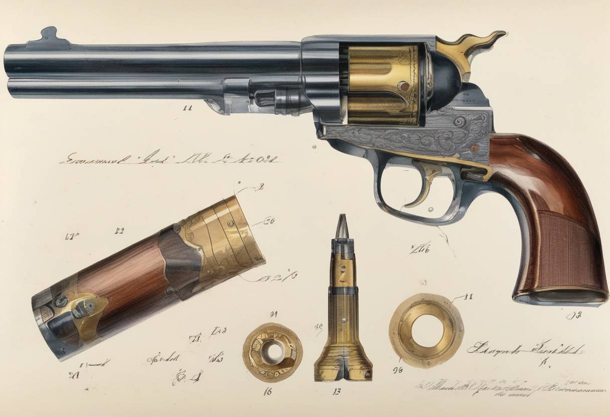 Watercolor painting based depiction of Samuel Colt patents the first production-model revolver, the .34-caliber. (1836)