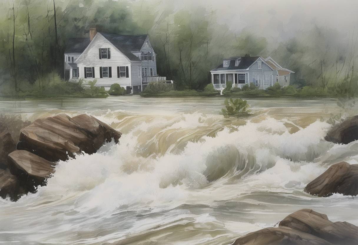 Watercolor painting based depiction of Hurricane Irene made landfall in New Jersey, causing widespread flooding and power outages along the East Coast of the United States. (2011)