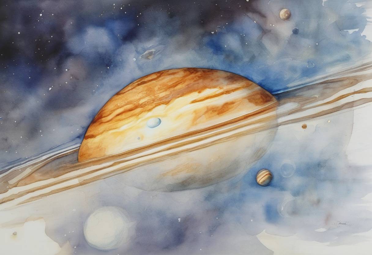 Watercolor painting based depiction of Comet Shoemaker-Levy 9 collided with Jupiter, providing the first direct observation of an extraterrestrial collision of solar system objects. (1994)