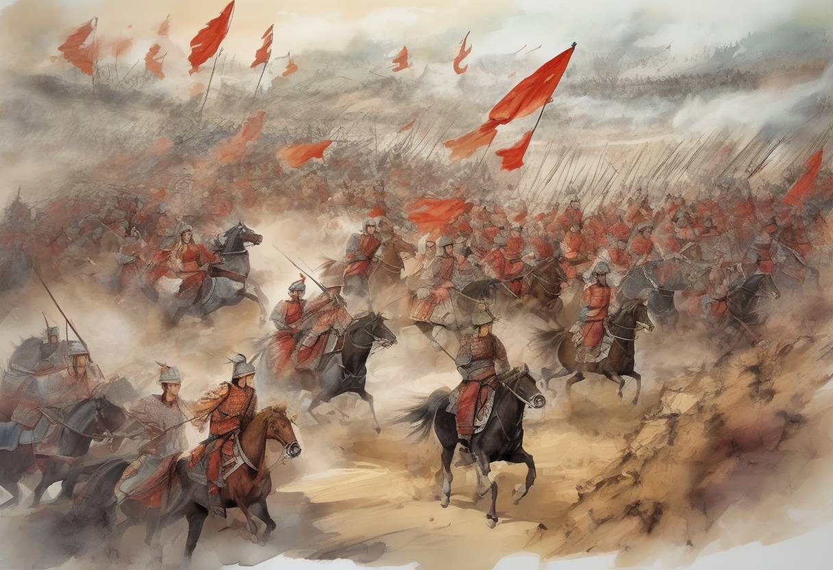 Watercolor painting based depiction of The Battle of Huoyi took place, where Li Yuan, the future founder of the Tang Dynasty, defeated the Sui forces, marking a significant step in his rebellion against the Sui Dynasty. (617)
