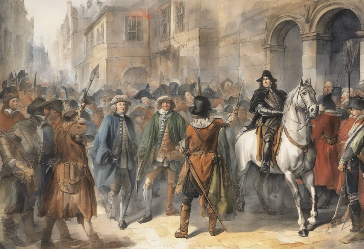 Watercolor painting based depiction of Oliver Cromwell becomes Lord Protector of England, Scotland, and Ireland. (1653)