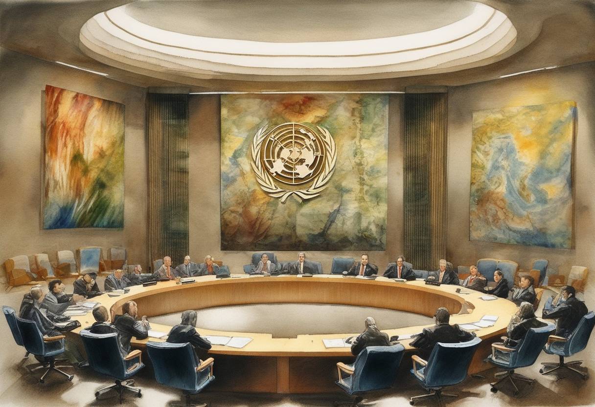 Watercolor painting based depiction of The United Nations Security Council held its first meeting of the new millennium. (2000)