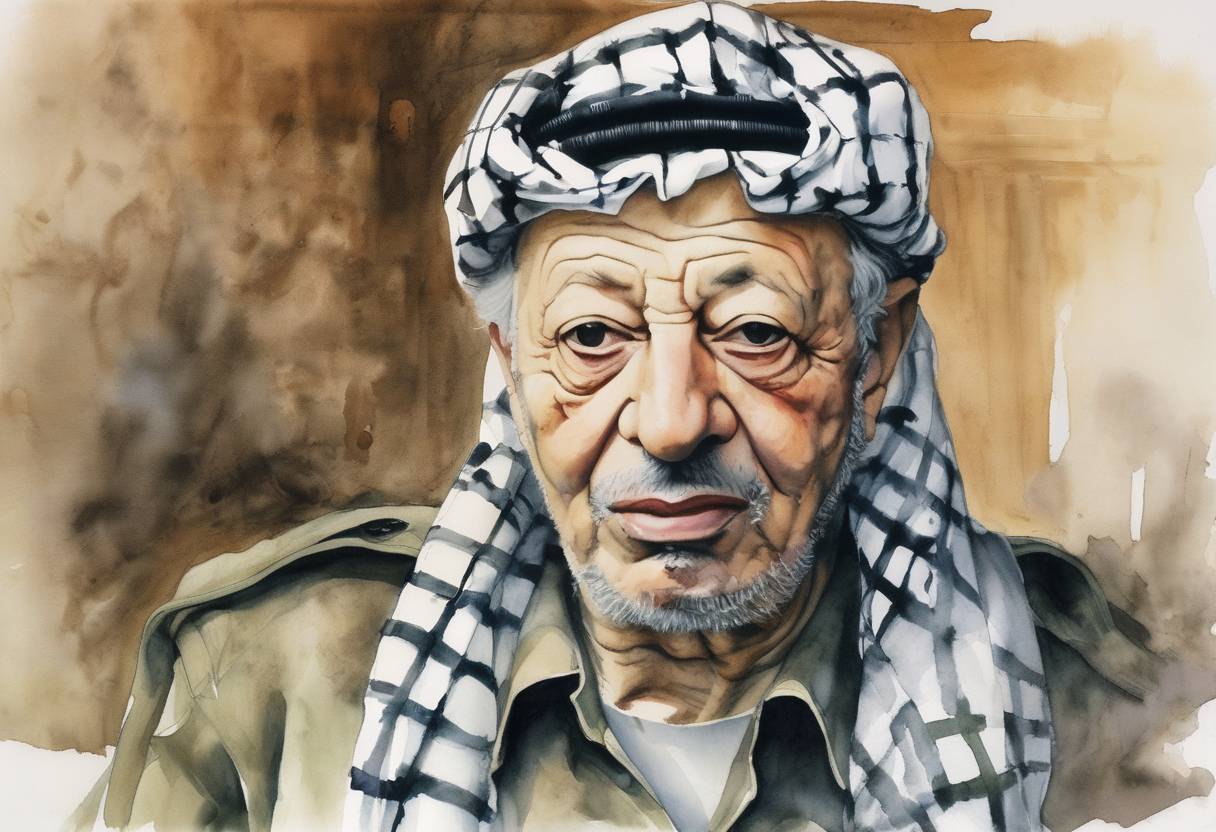 Watercolor painting based depiction of The death of Yasser Arafat, the longtime leader of the Palestine Liberation Organization (PLO) and the Palestinian National Authority, was officially announced. His passing marked the end of an era in Palestinian politics and opened the door for new leadership and potential shifts in the Israeli-Palestinian conflict. (2004)
