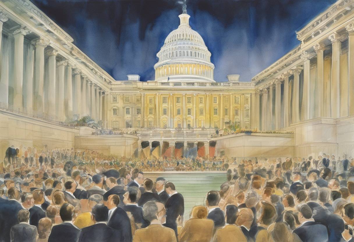 Watercolor painting based depiction of President Richard Nixon announced the United States would no longer convert dollars to gold, effectively ending the Bretton Woods system. (1971)