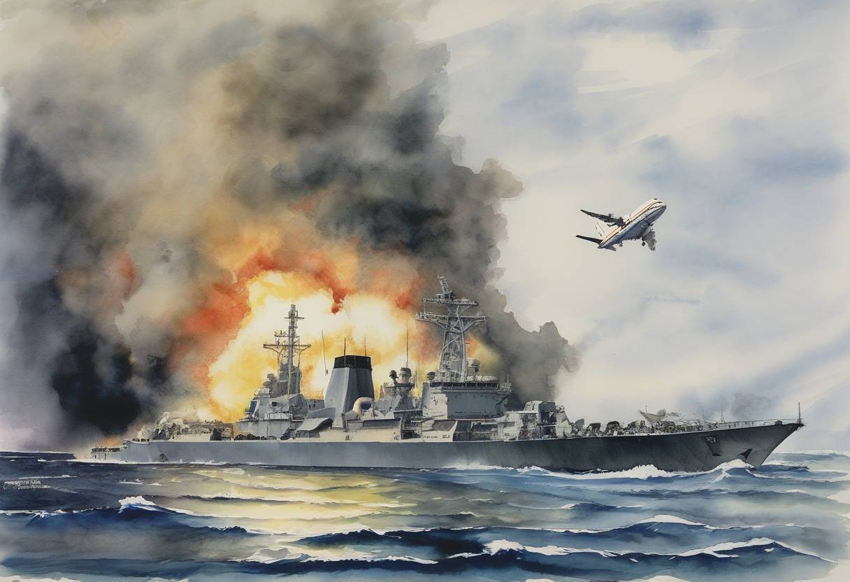 Watercolor painting based depiction of Iran Air Flight 655 was shot down by the USS Vincennes, resulting in the deaths of all 290 passengers and crew, escalating tensions between the United States and Iran. (1988)