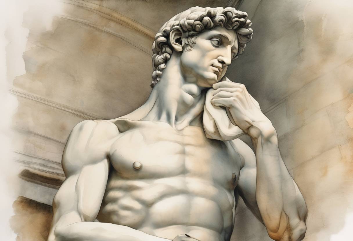 Watercolor painting based depiction of Michelangelo began work on his statue of David, which would become one of the most famous sculptures in the world. (1501)