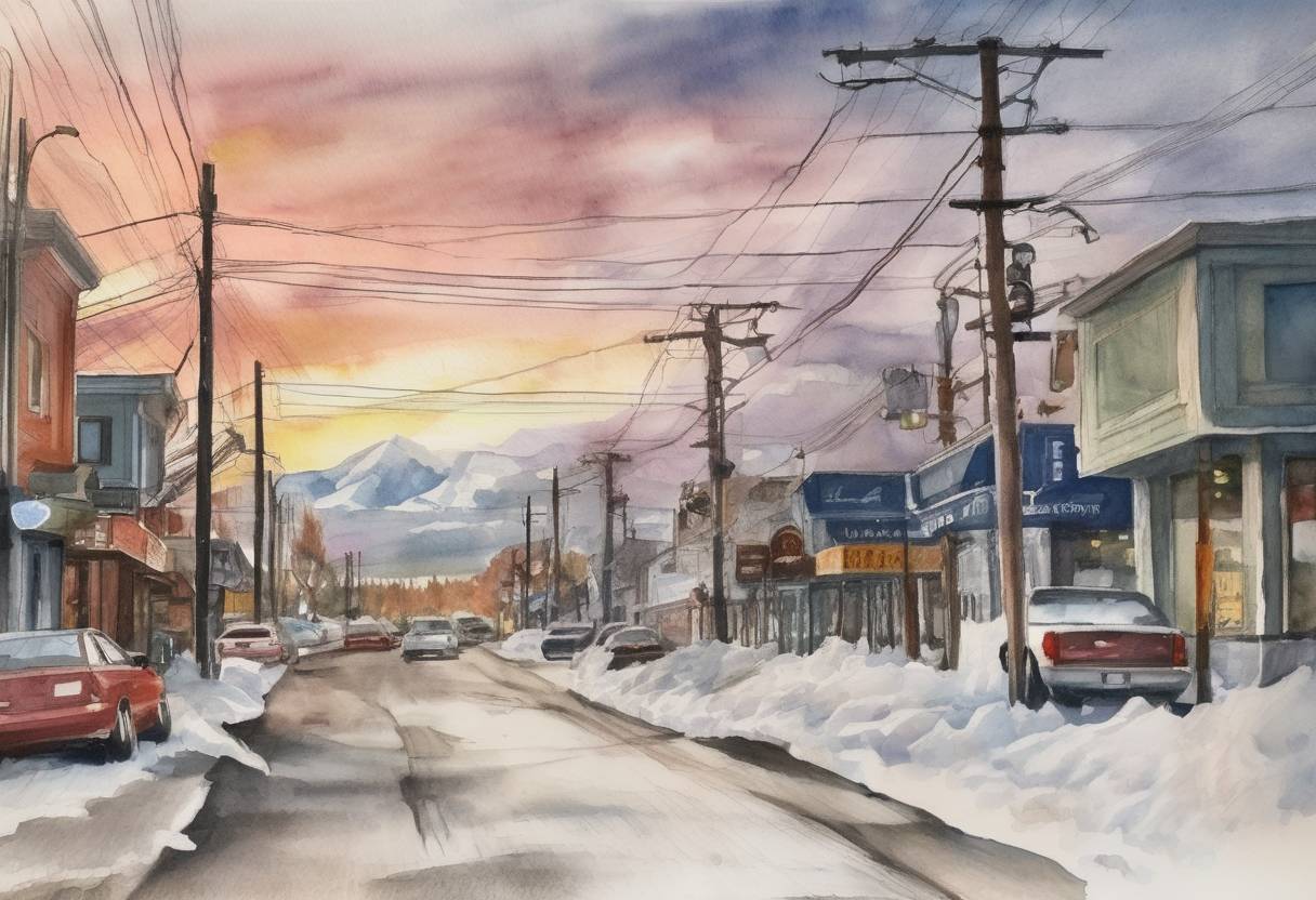 Watercolor painting based depiction of A magnitude 7.1 earthquake struck Anchorage, Alaska, causing significant damage to infrastructure but no fatalities. (2018)