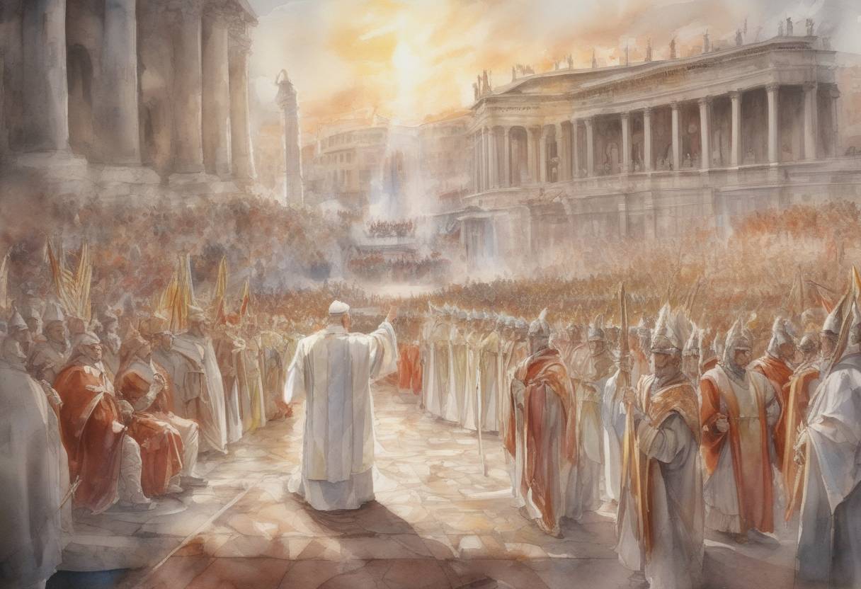 Watercolor painting based depiction of Donus becomes Pope, succeeding Adeodatus II. (676)