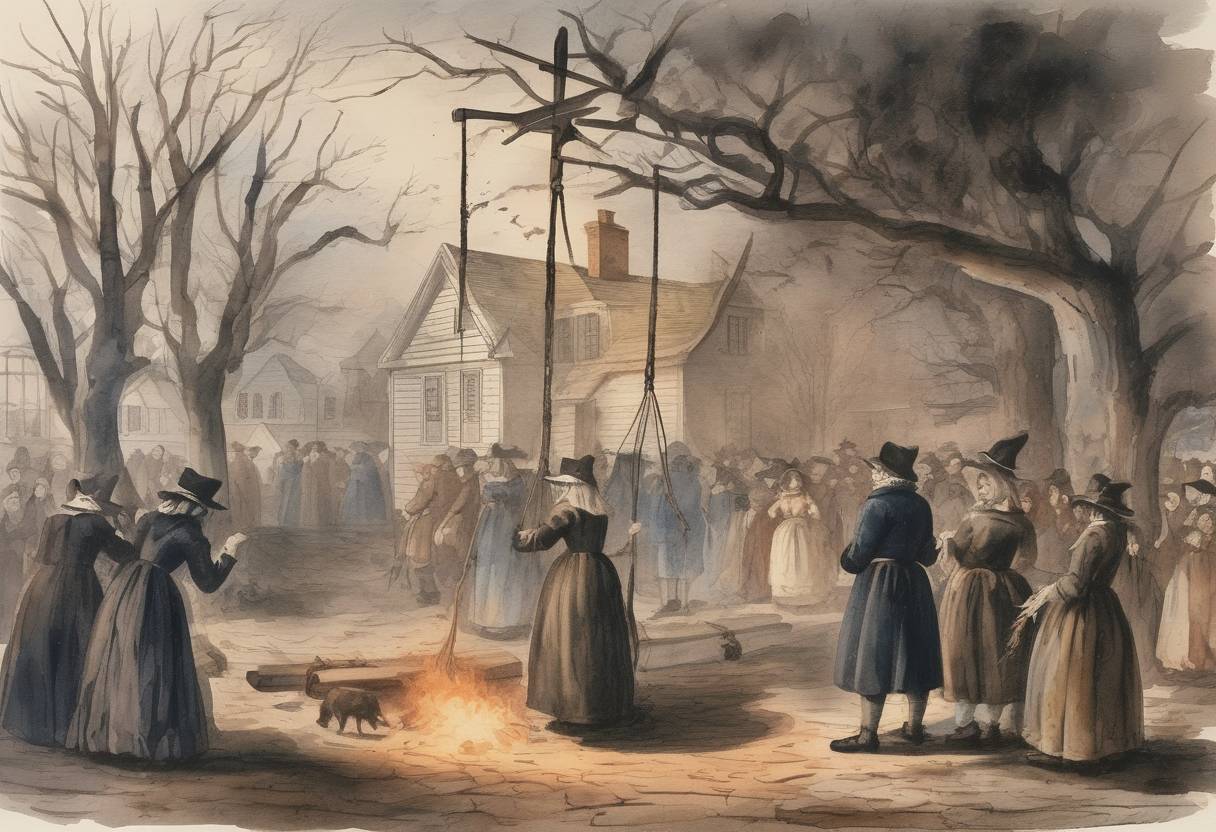 Watercolor painting based depiction of The last executions of the Salem witch trials took place, with eight people hanged for witchcraft in Salem, Massachusetts. (1692)