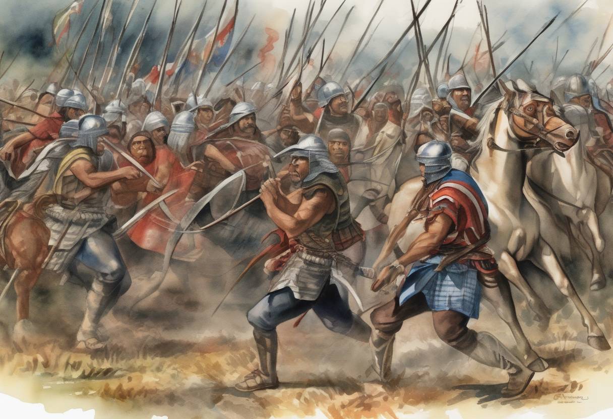 Watercolor painting based depiction of The Battle of Curalaba took place, marking a significant victory for the Mapuche people against Spanish colonial forces in Chile. This event initiated a period of Mapuche resistance known as the Destruction of the Seven Cities. (1598)
