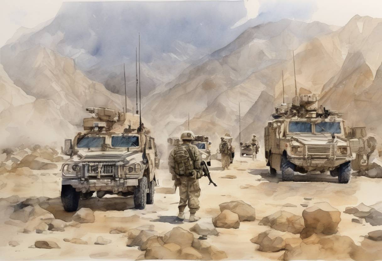 Watercolor painting based depiction of The United States and its allies launched Operation Enduring Freedom, initiating the War in Afghanistan in response to the September 11 attacks, targeting the Taliban and al-Qaeda forces. (2001)