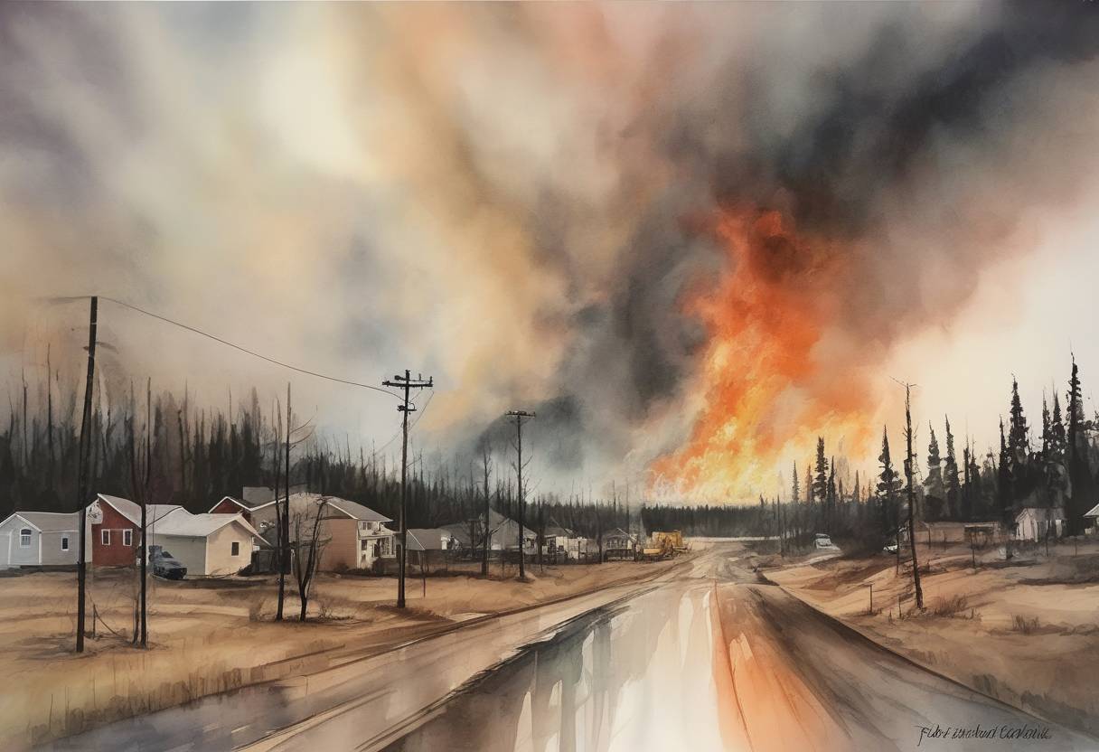 Watercolor painting based depiction of A wildfire in Fort McMurray, Alberta, Canada, forced the evacuation of over 80,000 residents and became one of the costliest disasters in Canadian history. (2016)