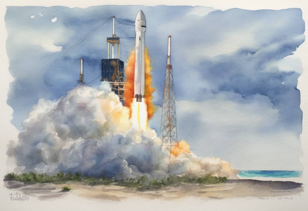 Watercolor painting based depiction of SpaceX successfully launched Falcon 1, becoming the first privately developed liquid-fueled rocket to reach orbit. (2008)